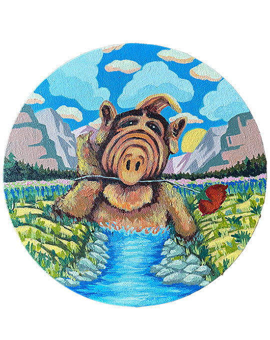 Circular painting of Alf against a mountainous background with long stemmed rose in his mouth