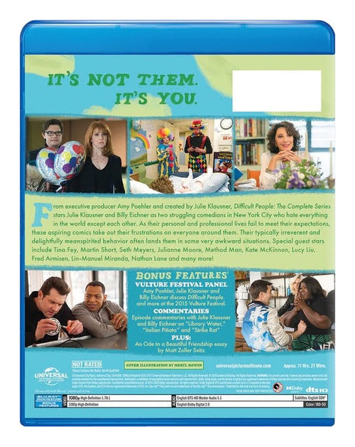 Back cover of Difficult People TV series blu-ray with photos and series description